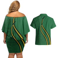 Manua Islands Polynesian Style Couples Matching Off Shoulder Short Dress and Hawaiian Shirt