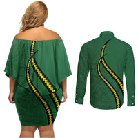 Manua Islands Polynesian Style Couples Matching Off Shoulder Short Dress and Long Sleeve Button Shirt