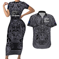 Custom New Zealand Taiaha Maori Couples Matching Short Sleeve Bodycon Dress and Hawaiian Shirt Minimalist Silver Fern All Black - Polynesian Pride
