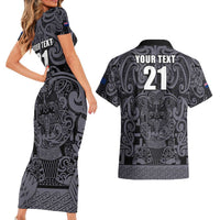 Custom New Zealand Taiaha Maori Couples Matching Short Sleeve Bodycon Dress and Hawaiian Shirt Minimalist Silver Fern All Black - Polynesian Pride