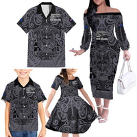 Custom New Zealand Taiaha Maori Family Matching Off The Shoulder Long Sleeve Dress and Hawaiian Shirt Minimalist Silver Fern All Black - Polynesian Pride