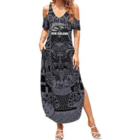 Custom New Zealand Taiaha Maori Family Matching Summer Maxi Dress and Hawaiian Shirt Minimalist Silver Fern All Black - Polynesian Pride