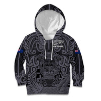 Custom New Zealand Taiaha Maori Kid Hoodie Minimalist Silver Fern All Black - Polynesian Pride