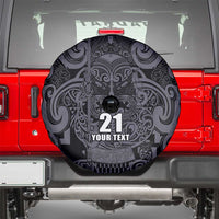 Custom New Zealand Taiaha Maori Spare Tire Cover Minimalist Silver Fern All Black - Polynesian Pride