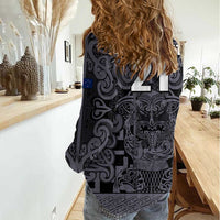 Custom New Zealand Taiaha Maori Women Casual Shirt Minimalist Silver Fern All Black - Polynesian Pride