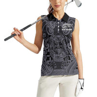 Custom New Zealand Taiaha Maori Women Sleeveless Polo Shirt Minimalist Silver Fern All Black - Polynesian Pride