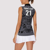 Custom New Zealand Taiaha Maori Women Sleeveless Polo Shirt Minimalist Silver Fern All Black - Polynesian Pride