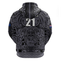 Custom New Zealand Taiaha Maori Zip Hoodie Minimalist Silver Fern All Black - Polynesian Pride