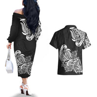 Polynesian Couples Matching Off The Shoulder Long Sleeve Dress and Hawaiian Shirt Pacific Flower Mix Floral Tribal Tattoo Black Vibe LT9 - Polynesian Pride