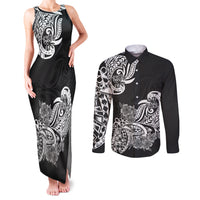 Polynesian Couples Matching Tank Maxi Dress and Long Sleeve Button Shirts Pacific Flower Mix Floral Tribal Tattoo Black Vibe LT9 Black - Polynesian Pride