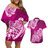 Polynesian Couples Matching Off Shoulder Short Dress and Hawaiian Shirt Pacific Flower Mix Floral Tribal Tattoo Pink Vibe LT9 Pink - Polynesian Pride