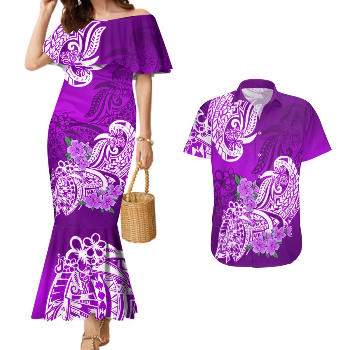 Polynesian Couples Matching Mermaid Dress And Hawaiian Shirt Pacific Flower Mix Floral Tribal Tattoo Purple Vibe LT9 Purple - Polynesian Pride