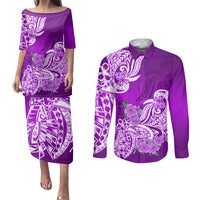 Polynesian Couples Matching Puletasi Dress and Long Sleeve Button Shirts Pacific Flower Mix Floral Tribal Tattoo Purple Vibe LT9 Purple - Polynesian Pride