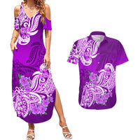 Polynesian Couples Matching Summer Maxi Dress and Hawaiian Shirt Pacific Flower Mix Floral Tribal Tattoo Purple Vibe LT9 Purple - Polynesian Pride
