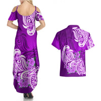 Polynesian Couples Matching Summer Maxi Dress and Hawaiian Shirt Pacific Flower Mix Floral Tribal Tattoo Purple Vibe LT9 - Polynesian Pride