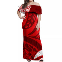 Polynesian Off Shoulder Maxi Dress Pacific Flower Mix Floral Tribal Tattoo Red Vibe LT9 Women Red - Polynesian Pride