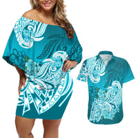 Polynesian Couples Matching Off Shoulder Short Dress and Hawaiian Shirt Pacific Flower Mix Floral Tribal Tattoo Aqua Vibe LT9 Aqua - Polynesian Pride