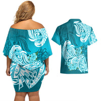 Polynesian Couples Matching Off Shoulder Short Dress and Hawaiian Shirt Pacific Flower Mix Floral Tribal Tattoo Aqua Vibe LT9 - Polynesian Pride