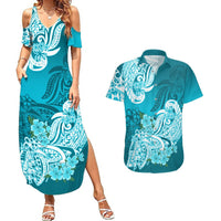 Polynesian Couples Matching Summer Maxi Dress and Hawaiian Shirt Pacific Flower Mix Floral Tribal Tattoo Aqua Vibe LT9 Aqua - Polynesian Pride