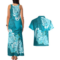 Polynesian Couples Matching Tank Maxi Dress And Hawaiian Shirt Pacific Flower Mix Floral Tribal Tattoo Aqua Vibe LT9 - Polynesian Pride