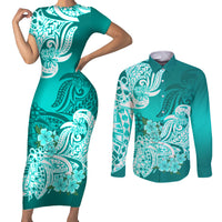 Polynesian Couples Matching Short Sleeve Bodycon Dress and Long Sleeve Button Shirts Pacific Flower Mix Floral Tribal Tattoo Turquoise Vibe LT9 Turquoise - Polynesian Pride
