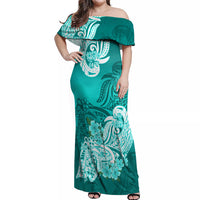 Polynesian Off Shoulder Maxi Dress Pacific Flower Mix Floral Tribal Tattoo Turquoise Vibe LT9 Women Turquoise - Polynesian Pride