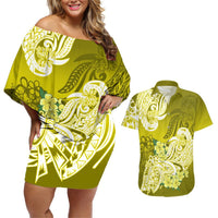Polynesian Couples Matching Off Shoulder Short Dress and Hawaiian Shirt Pacific Flower Mix Floral Tribal Tattoo Yellow Vibe LT9 Yellow - Polynesian Pride