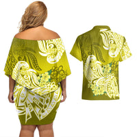 Polynesian Couples Matching Off Shoulder Short Dress and Hawaiian Shirt Pacific Flower Mix Floral Tribal Tattoo Yellow Vibe LT9 - Polynesian Pride