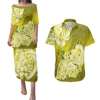 Polynesian Couples Matching Puletasi Dress and Hawaiian Shirt Pacific Flower Mix Floral Tribal Tattoo Yellow Vibe LT9 Yellow - Polynesian Pride
