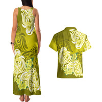 Polynesian Couples Matching Tank Maxi Dress And Hawaiian Shirt Pacific Flower Mix Floral Tribal Tattoo Yellow Vibe LT9 - Polynesian Pride