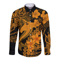 Aloha Hawaii Long Sleeve Button Shirt Hammerhead Shark Tattoo Polynesian Summer - Gold LT9 Unisex Gold - Polynesian Pride