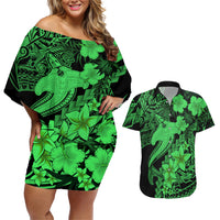 Aloha Hawaii Couples Matching Off Shoulder Short Dress and Hawaiian Shirt Hammerhead Shark Tattoo Polynesian Summer - Green LT9 Green - Polynesian Pride