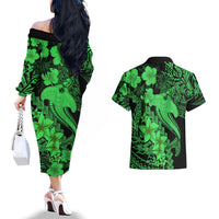 Aloha Hawaii Couples Matching Off The Shoulder Long Sleeve Dress and Hawaiian Shirt Hammerhead Shark Tattoo Polynesian Summer - Green LT9 - Polynesian Pride