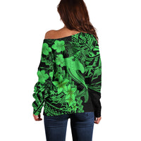 Aloha Hawaii Off Shoulder Sweater Hammerhead Shark Tattoo Polynesian Summer - Green LT9 - Polynesian Pride