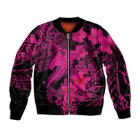 Aloha Hawaii Sleeve Zip Bomber Jacket Hammerhead Shark Tattoo Polynesian Summer - Pink LT9 Unisex Pink - Polynesian Pride