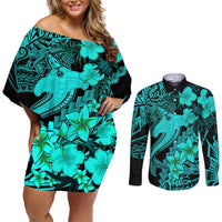 Aloha Hawaii Couples Matching Off Shoulder Short Dress and Long Sleeve Button Shirts Hammerhead Shark Tattoo Polynesian Summer - Turquoise LT9 Turquoise - Polynesian Pride