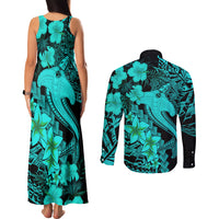 Aloha Hawaii Couples Matching Tank Maxi Dress and Long Sleeve Button Shirts Hammerhead Shark Tattoo Polynesian Summer - Turquoise LT9 - Polynesian Pride