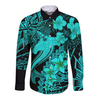 Aloha Hawaii Long Sleeve Button Shirt Hammerhead Shark Tattoo Polynesian Summer - Turquoise LT9 Unisex Turquoise - Polynesian Pride