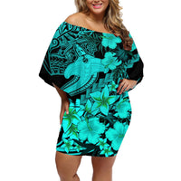 Aloha Hawaii Off Shoulder Short Dress Hammerhead Shark Tattoo Polynesian Summer - Turquoise LT9 Women Turquoise - Polynesian Pride