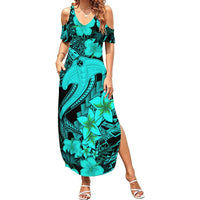 Aloha Hawaii Summer Maxi Dress Hammerhead Shark Tattoo Polynesian Summer - Turquoise LT9 Women Turquoise - Polynesian Pride