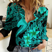 Aloha Hawaii Women Casual Shirt Hammerhead Shark Tattoo Polynesian Summer - Turquoise LT9 Female Turquoise - Polynesian Pride