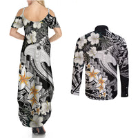 Aloha Hawaii Couples Matching Summer Maxi Dress and Long Sleeve Button Shirts Hammerhead Shark Tattoo Polynesian Summer - White LT9 - Polynesian Pride