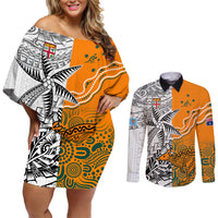 Fiji Australia Rugby Couples Matching Off Shoulder Short Dress and Long Sleeve Button Shirts World Cup 2023 Polynesia Tapa Mixed Indigenous Aboriginal LT9 Gold - Polynesian Pride