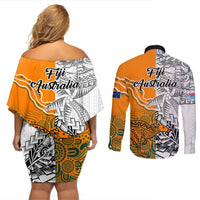 Fiji Australia Rugby Couples Matching Off Shoulder Short Dress and Long Sleeve Button Shirts World Cup 2023 Polynesia Tapa Mixed Indigenous Aboriginal LT9 - Polynesian Pride