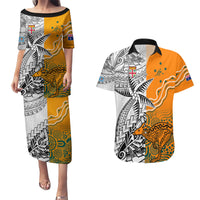 Fiji Australia Rugby Couples Matching Puletasi Dress and Hawaiian Shirt World Cup 2023 Polynesia Tapa Mixed Indigenous Aboriginal LT9 Gold - Polynesian Pride