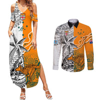 Fiji Australia Rugby Couples Matching Summer Maxi Dress and Long Sleeve Button Shirts World Cup 2023 Polynesia Tapa Mixed Indigenous Aboriginal LT9 Gold - Polynesian Pride