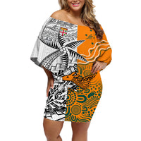 Fiji Australia Rugby Off Shoulder Short Dress World Cup 2023 Polynesia Tapa Mixed Indigenous Aboriginal LT9 Women Gold - Polynesian Pride