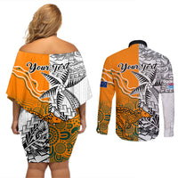 Personalised Fiji Australia Rugby Couples Matching Off Shoulder Short Dress and Long Sleeve Button Shirts World Cup 2023 Polynesia Tapa Mixed Indigenous Aboriginal LT9 - Polynesian Pride