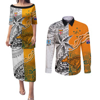 Personalised Fiji Australia Rugby Couples Matching Puletasi Dress and Long Sleeve Button Shirts World Cup 2023 Polynesia Tapa Mixed Indigenous Aboriginal LT9 Gold - Polynesian Pride