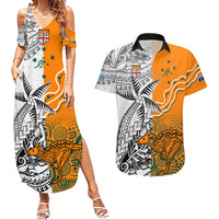 Personalised Fiji Australia Rugby Couples Matching Summer Maxi Dress and Hawaiian Shirt World Cup 2023 Polynesia Tapa Mixed Indigenous Aboriginal LT9 Gold - Polynesian Pride